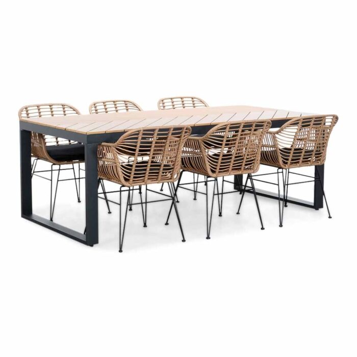 LUX outdoor living Kampa Natural/Lola dining tuinset | 6 personen | polywood + wicker | 210cm – Taupe – Naturel – Bruin, Antraciet