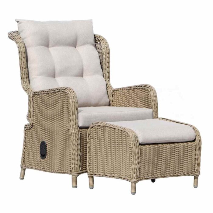 Denza Furniture Glasgow loungestoel tuin met voetenbank | wicker + aluminium | Royal Sand – Taupe – Naturel – Bruin