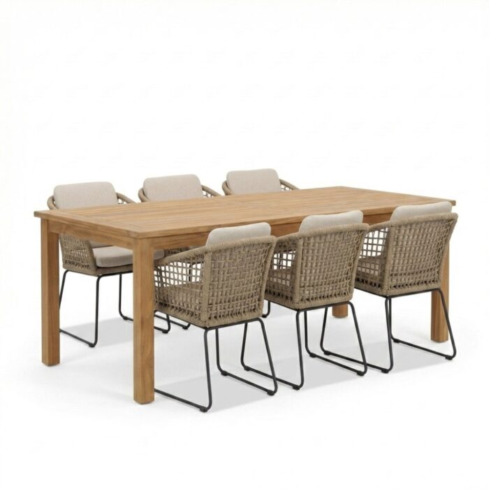 BUITEN living Singapore/Tulum Sahara Dust dining tuinset | 6 personen | teakhout + touw | 200cm – Natural Teak