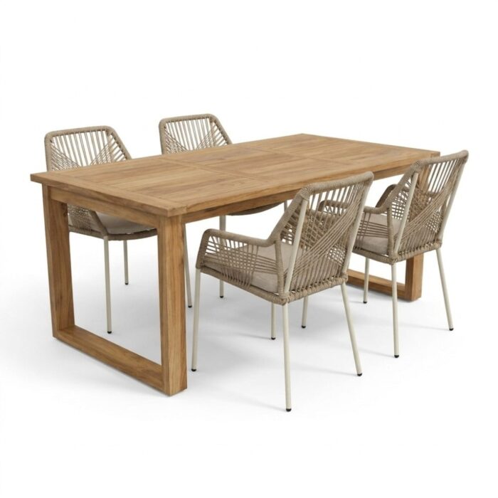 BUITEN living Corfu/Seville beige dining tuinset | 4 personen | teakhout + touw | 150cm