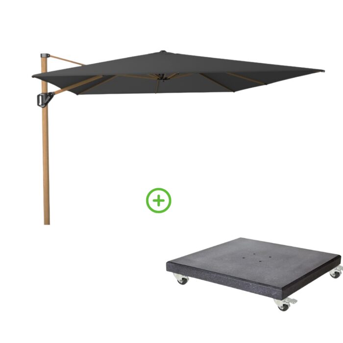 Platinum Challenger T¹ zweefparasol premium doek | 400x300cm met Modena parasolvoet 120kg | Faded Black/Teak look – Zwart, Natural Teak