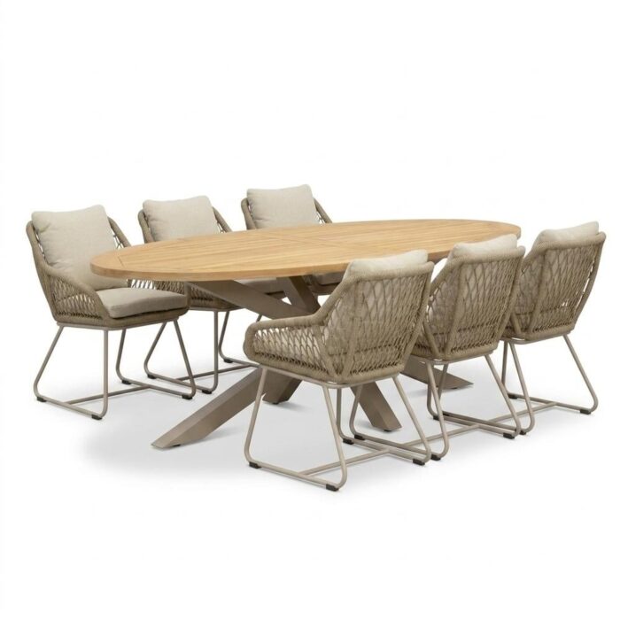 LUX outdoor living Cleve beige/Portofino Sandstone dining tuinset | 6 personen | teakhout + touw | 240cm ovaal – Taupe – Naturel – Bruin, Beige