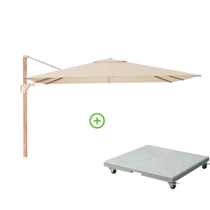 Platinum Challenger T² zweefparasol premium doek | 260x350cm met Rocca parasolvoet 90kg | Champagne/Teak look – Taupe – Naturel – Bruin, Natural Teak