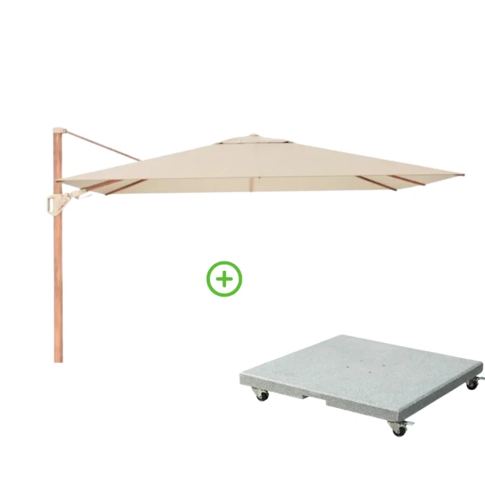 Platinum Challenger T² zweefparasol premium doek | 260x350cm met Rocca parasolvoet 90kg | Champagne/Teak look - Taupe - Naturel - Bruin, Natural Teak