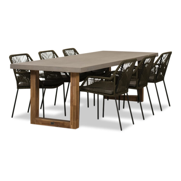BUITEN living Lausanne/Seville olijfgroen dining tuinset | 6 personen | betonlook + touw | 250cm – Antraciet