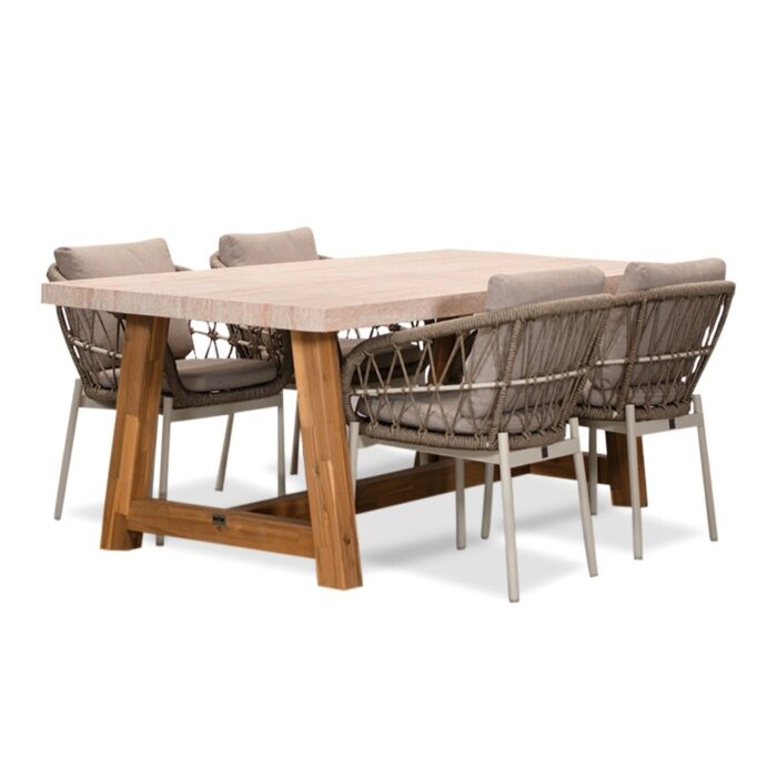 BUITEN living Velora/Dakota beige/wit dining tuinset | 4 personen | travertin + touw | 200cm