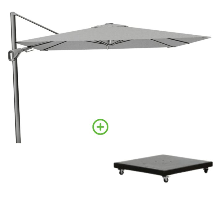 Platinum Nexus T² zweefparasol premium doek | 300×300 met Monza parasolvoet 90kg | Manhattan – Grijs