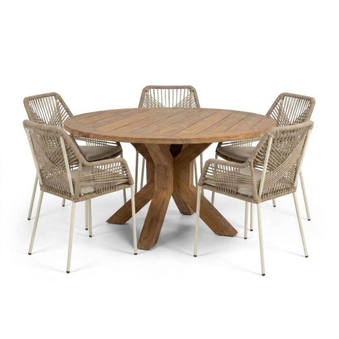 BUITEN living Genua/Seville beige dining tuinset | 5 personen | teakhout + touw | 140cm rond