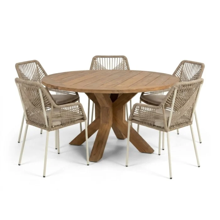 BUITEN living Genua/Seville beige dining tuinset | 5 personen | teakhout + touw | 140cm rond