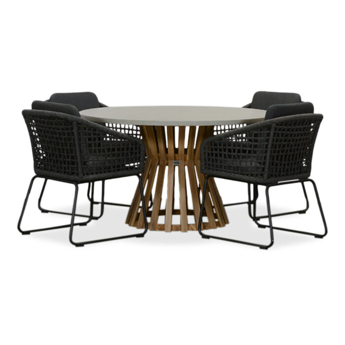 BUITEN living Elzas/Tulum Lava Grey dining tuinset | 4 personen | betonlook + touw | 135cm rond – Grijs