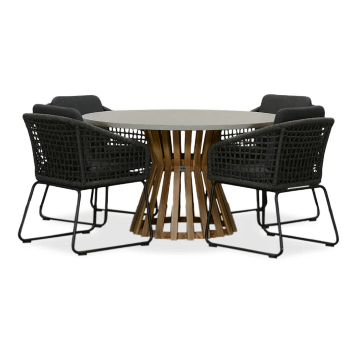 BUITEN living Elzas/Tulum Lava Grey dining tuinset | 4 personen | betonlook + touw | 135cm rond - Grijs