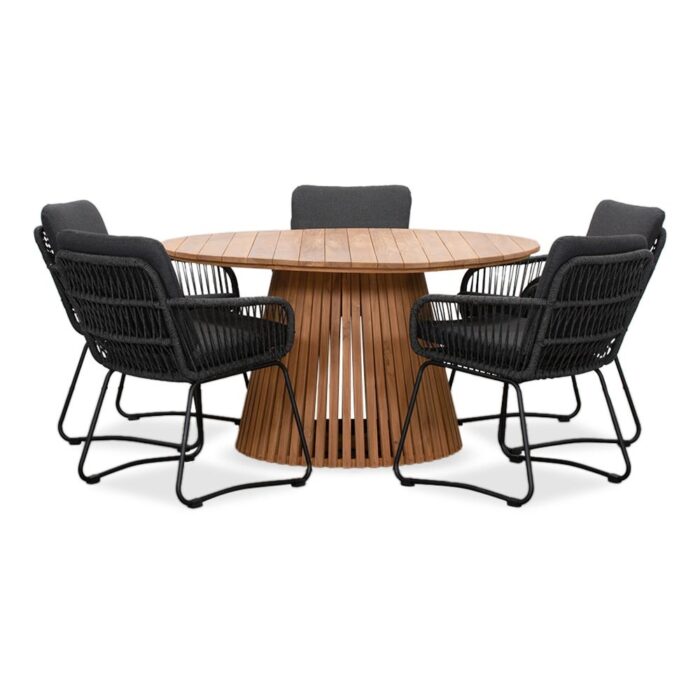 BUITEN living Palau/Harper Lava Grey dining tuinset | 5 personen | teakhout + touw | 140cm – Grijs