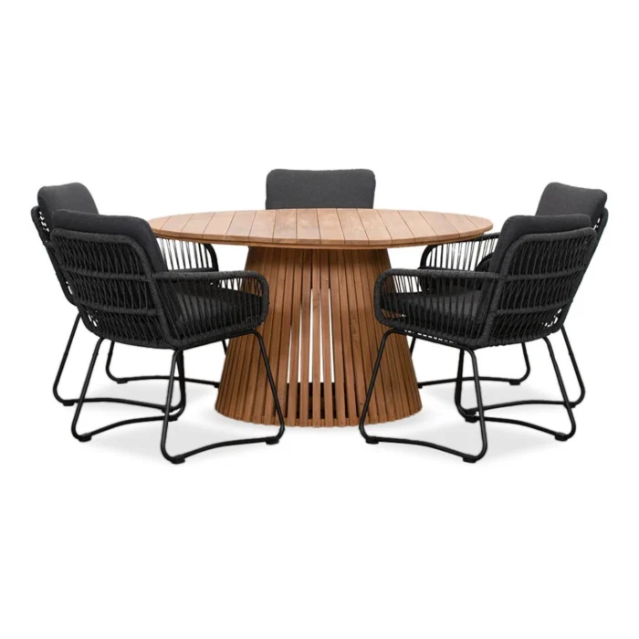 BUITEN living Palau/Harper Lava Grey dining tuinset | 5 personen | teakhout + touw | 140cm - Grijs