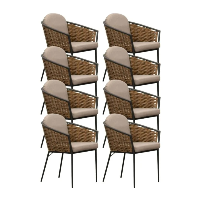 Denza Furniture Lucca dining tuinstoel set van 8 stapelbaar | wicker + aluminium | zand