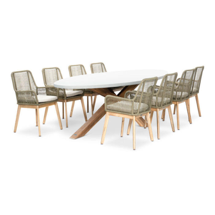 BUITEN living Livorno/Padua olijfgroen dining tuinset | 8 personen | betonlook + touw | 280cm ovaal – Light Teak, Olijfgroen, Betonlook