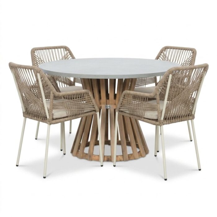 BUITEN living Elzas/Seville beige dining tuinset | 4 personen | polystone + touw | Ø135cm rond