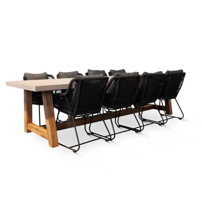 BUITEN living Veltis/Portofino zwart dining tuinset | 8 personen | betonlook + touw | 300cm – Betonlook, Zwart