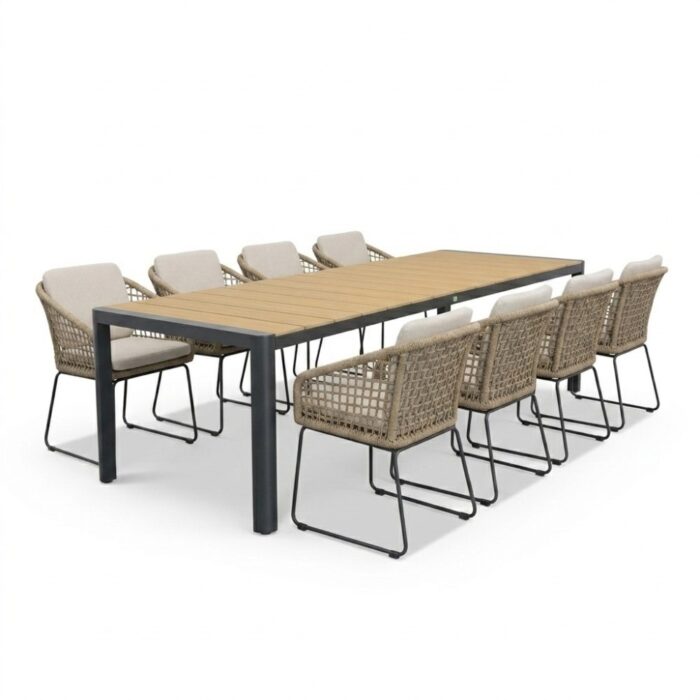 LUX outdoor living Liverpool/Tulum Sahara Dust dining tuinset | 8 personen | polywood + touw | 258cm – Naturel