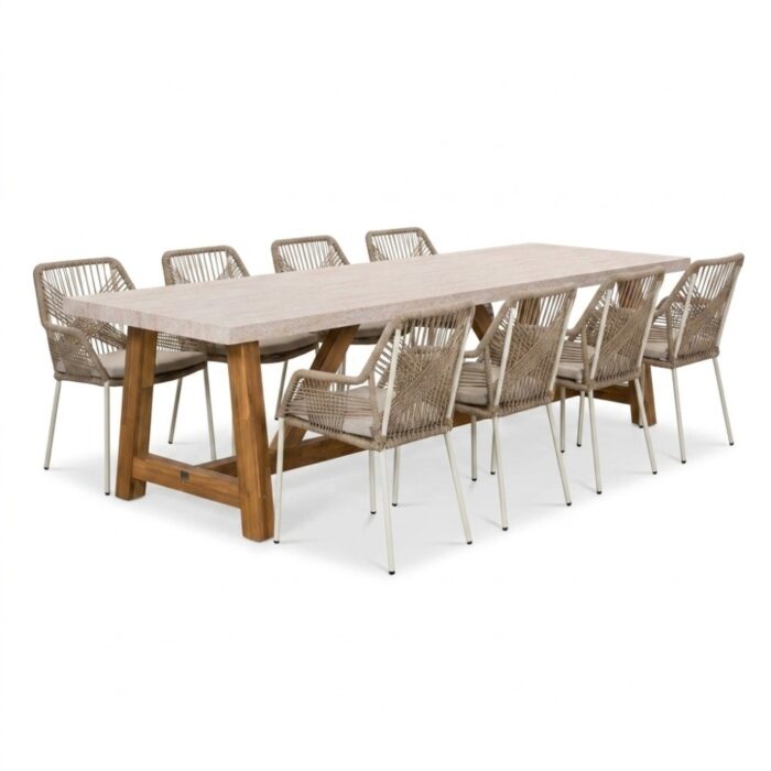BUITEN living Velora/Seville beige dining tuinset | 8 personen | polystone + touw | 300cm