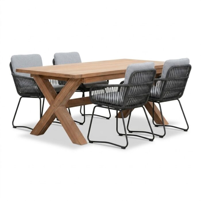 BUITEN living Riga/Harper Stone Grey dining tuinset | 4 personen | teakhout + touw | 200cm – Natural Teak