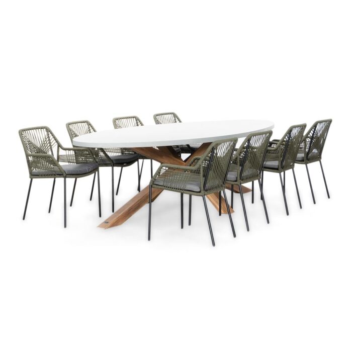 BUITEN living Livorno/Seville olijfgroen dining tuinset | 8 personen | betonlook + touw | 280cm ovaal – Light Teak, Olijfgroen, Betonlook