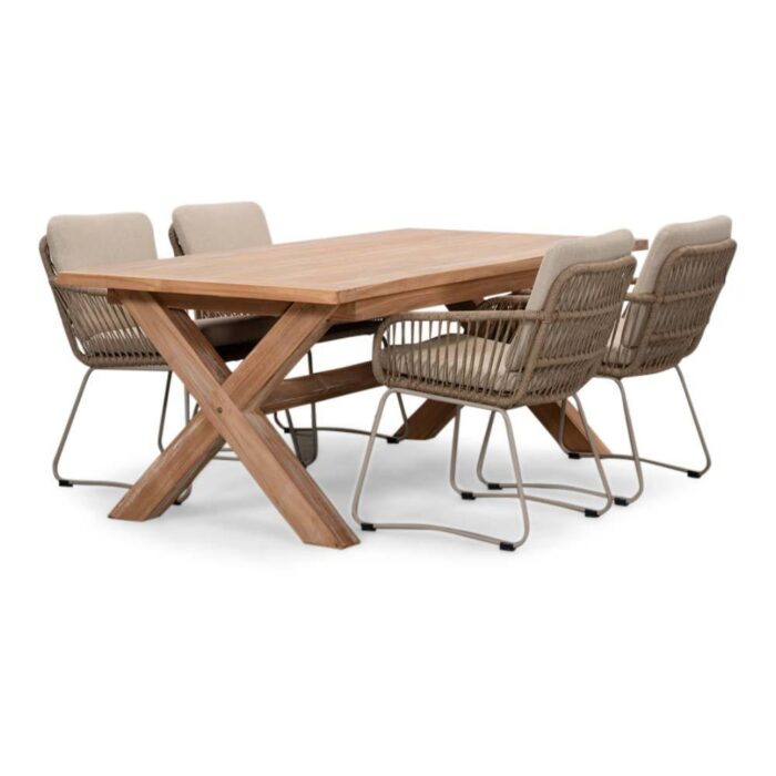 BUITEN living Riga/Harper Sandstone dining tuinset | 4 personen | teakhout + touw | 200cm – Zand