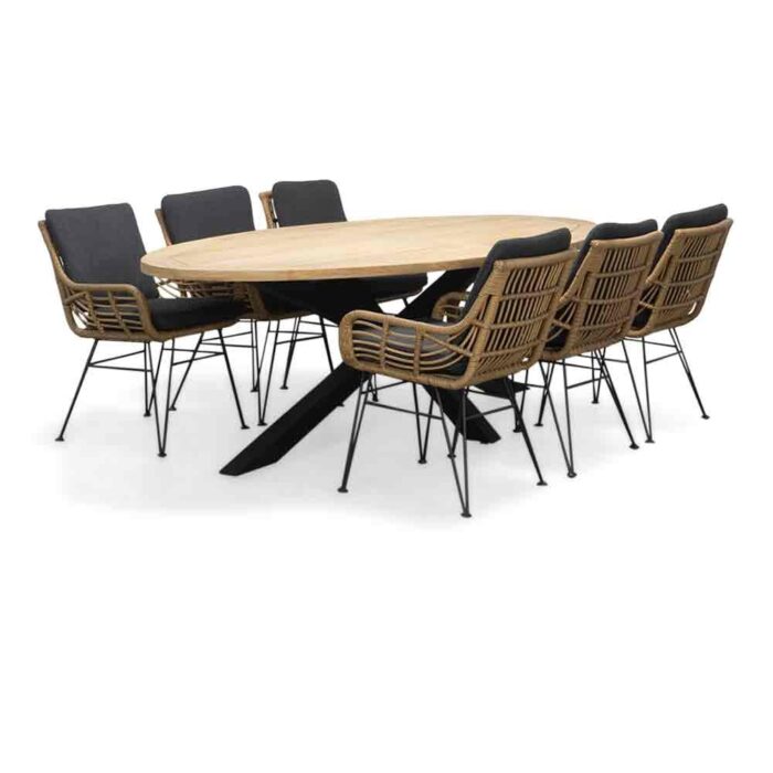 LUX outdoor living Cleve/Carlos antraciet dining tuinset | 6 personen | teakhout + wicker | 240cm ovaal