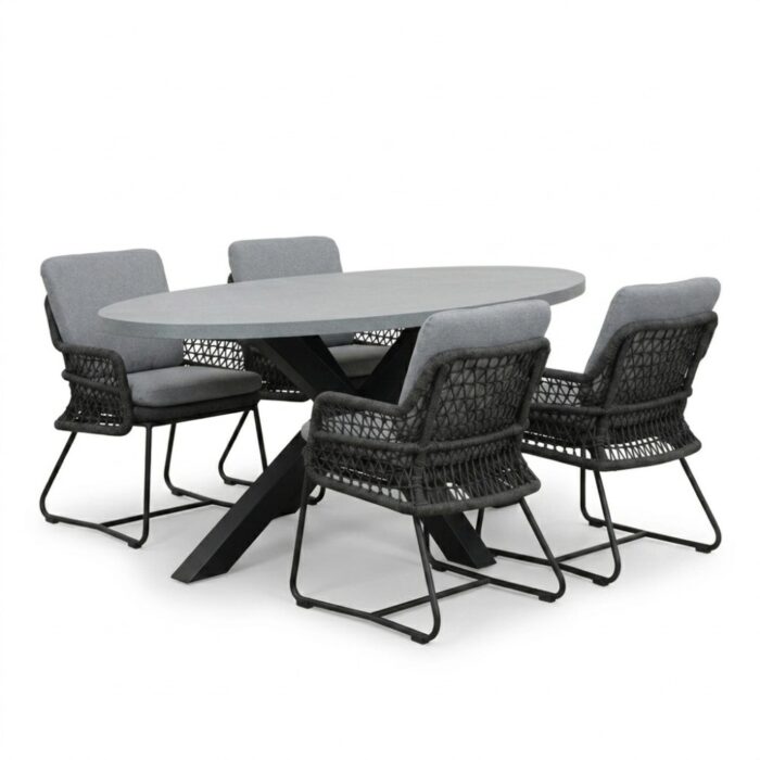 BUITEN living Stockholm/Gianna Stone Grey dining tuinset | 4 personen | polystone + touw | 200cm – Betonlook