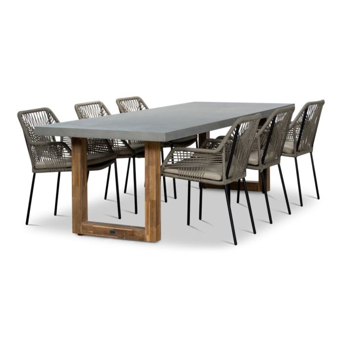 BUITEN living Lausanne/Seville zand dining tuinset | 6 personen | betonlook + touw | 250cm – Taupe – Naturel – Bruin, Betonlook