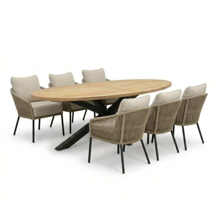 LUX outdoor living Cleve antraciet/Mara Sahara Dust low dining tuinset | 6 personen | sintered stone + touw | 240cm