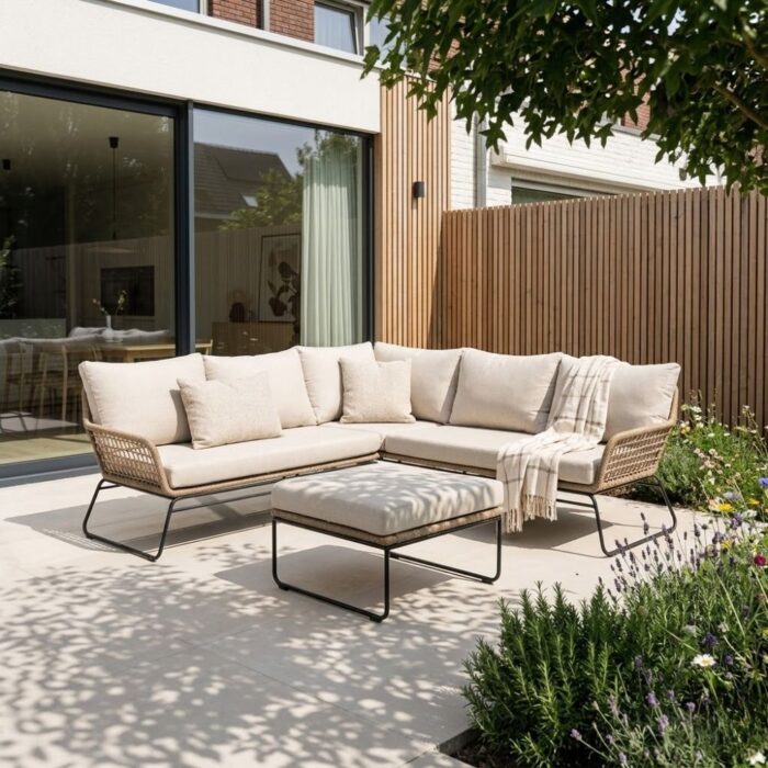 BUITEN living Potenza hoek loungeset 5 personen | aluminium + touw | Sahara Dust | 3-delig 213x213cm – Taupe – Naturel – Bruin
