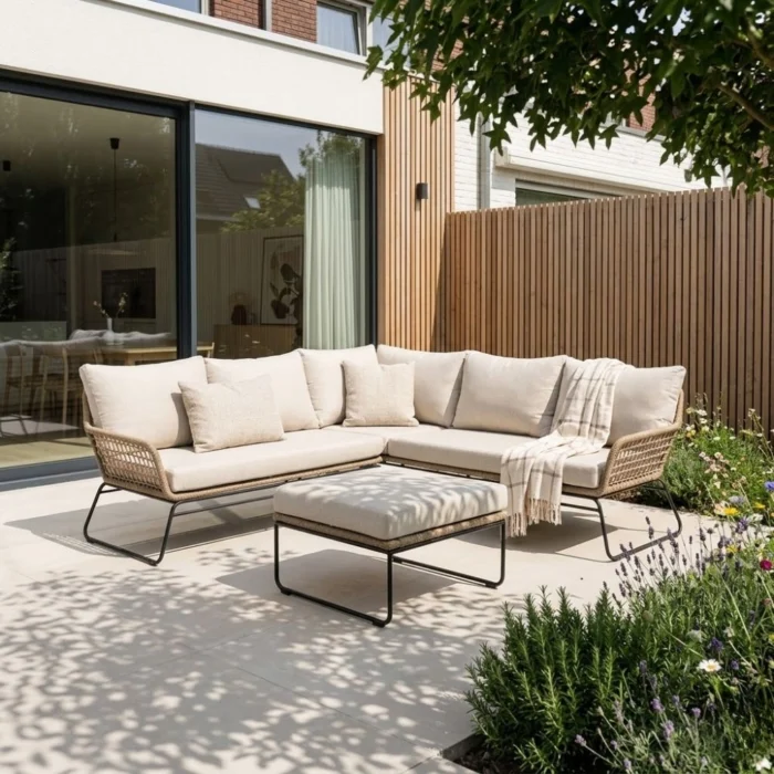 BUITEN living Potenza hoek loungeset 5 personen | aluminium + touw | Sahara Dust | 3-delig 213x213cm - Taupe - Naturel - Bruin