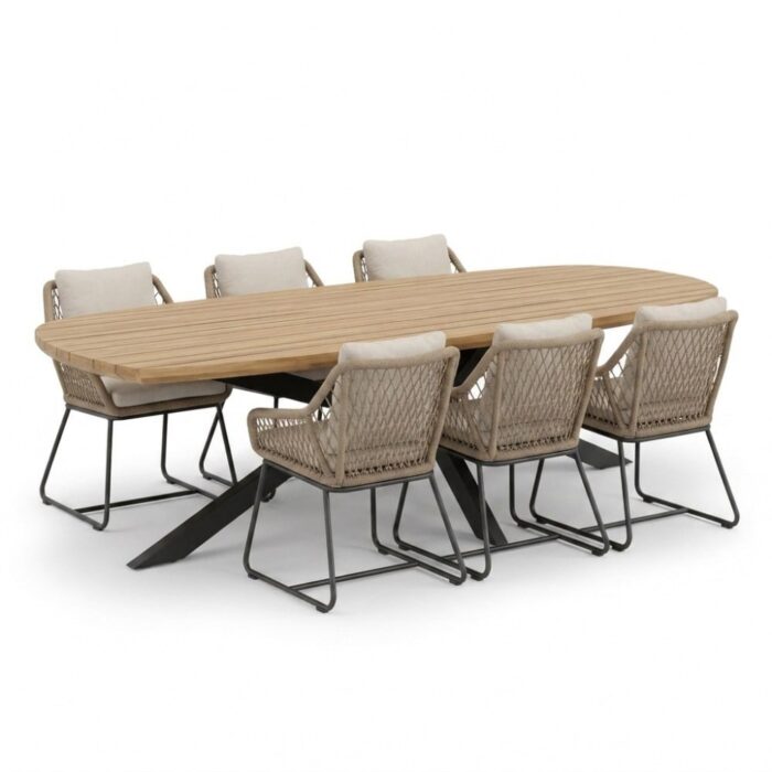 LUX outdoor living Salo/Portofino Sahara Dust dining tuinset | 6 personen | hardhout + touw | 240cm Deens – Naturel