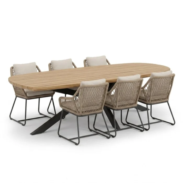 LUX outdoor living Salo/Portofino Sahara Dust dining tuinset | 6 personen | hardhout + touw | 240cm Deens - Naturel