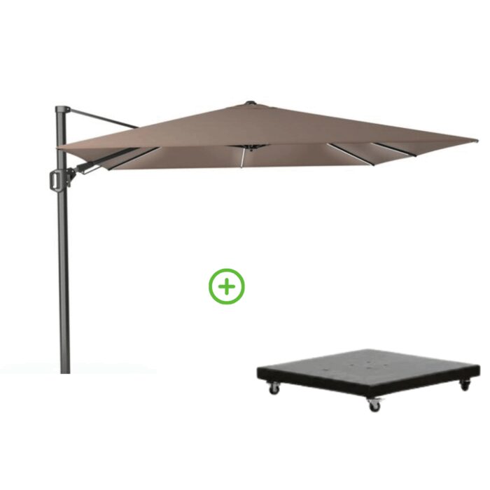 Platinum Challenger T² Glow zweefparasol premium doek | 300x300cm met Monza parasolvoet 90kg | Havana – Taupe – Naturel – Bruin