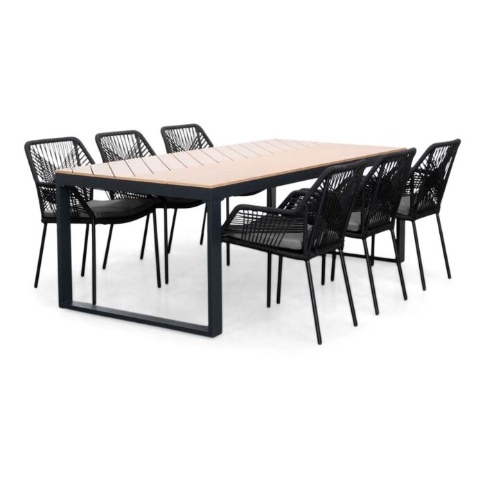 LUX outdoor living Kampa Natural/Seville zwart dining tuinset | 6 personen | polywood + touw | 210cm – Taupe – Naturel – Bruin, Zwart