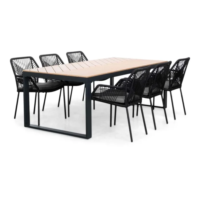 LUX outdoor living Kampa Natural/Seville zwart dining tuinset | 6 personen | polywood + touw | 210cm - Taupe - Naturel - Bruin, Zwart