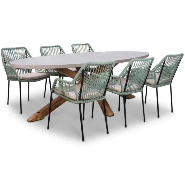 BUITEN living Livorno/Seville mint dining tuinset | 6 personen | betonlook + touw | 240cm – Betonlook, Groen