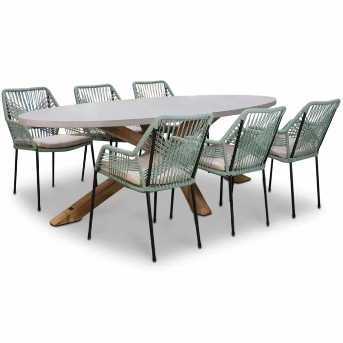 BUITEN living Livorno/Seville mint dining tuinset | 6 personen | betonlook + touw | 240cm - Betonlook, Groen