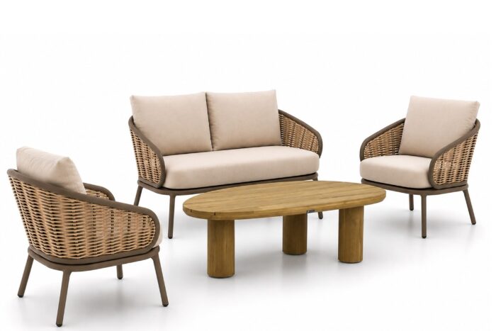 Apple Bee Pine Key/Riah 135 cm stoel-bank loungeset 4-delig – Taupe-naturel-bruin