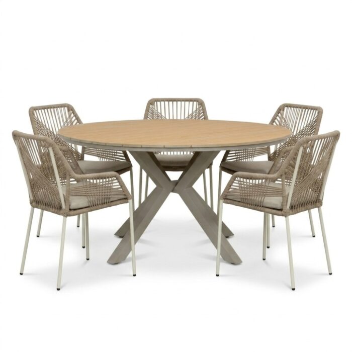 LUX outdoor living Calgary/Seville beige dining tuinset | 5 personen | polywood + touw | 144cm rond