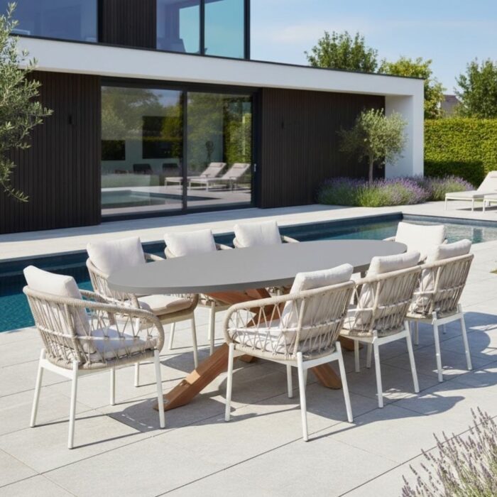 BUITEN living Livorno/Dakota beige/wit dining tuinset | 8 personen | betonlook + touw | 280cm ovaal – Taupe – Naturel – Bruin, Light Teak, Betonlook
