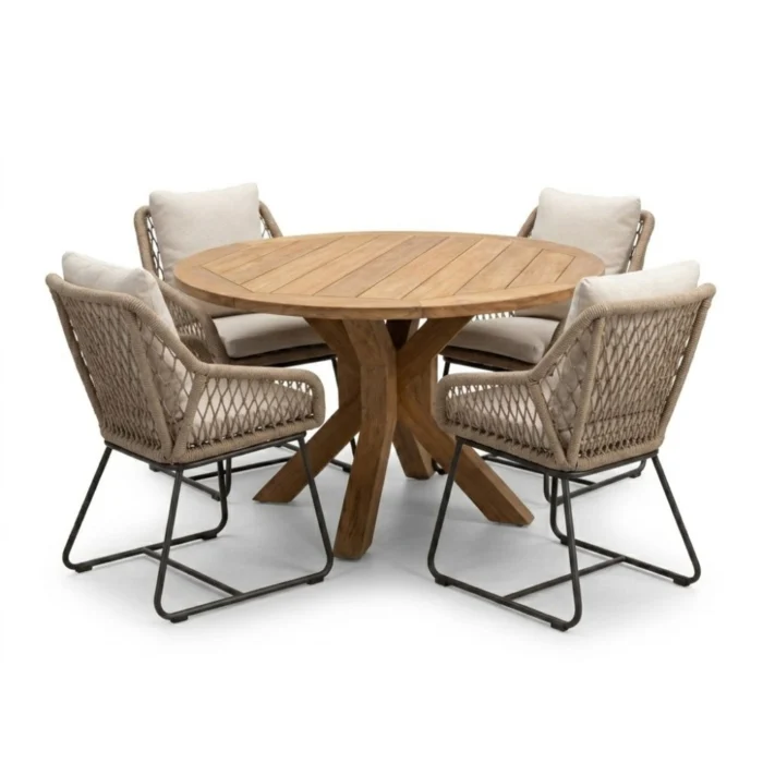 BUITEN living Genua/Portofino Sahara Dust dining tuinset | 4 personen | teakhout + touw | 120cm - Natural Teak