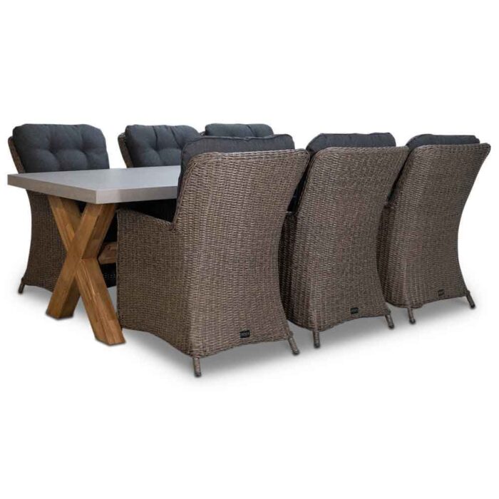 BUITEN living Norwich/Madrid Ash Grey dining tuinset | 6 personen | betonlook + wicker | 250cm – Taupe – Naturel – Bruin, Betonlook