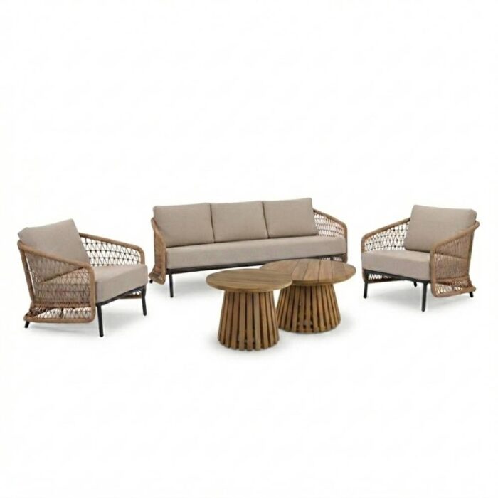 BUITEN living Vienna/Palau stoel-bank loungeset 5 personen | wicker + aluminium | zand | 5-delig – Taupe – Naturel – Bruin, Beige