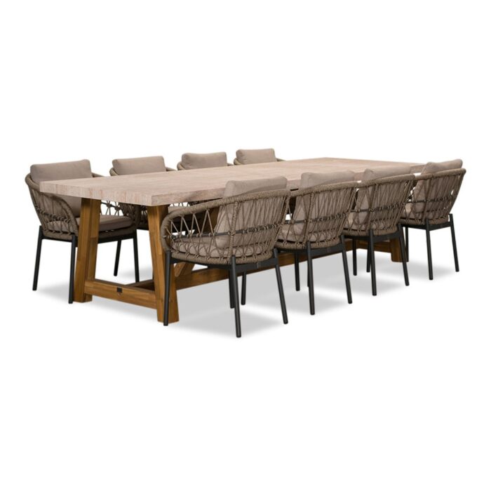 BUITEN living Velora/Dakota beige/antraciet dining tuinset | 8 personen | travertin + touw | 300cm – Taupe – Naturel – Bruin, Antraciet