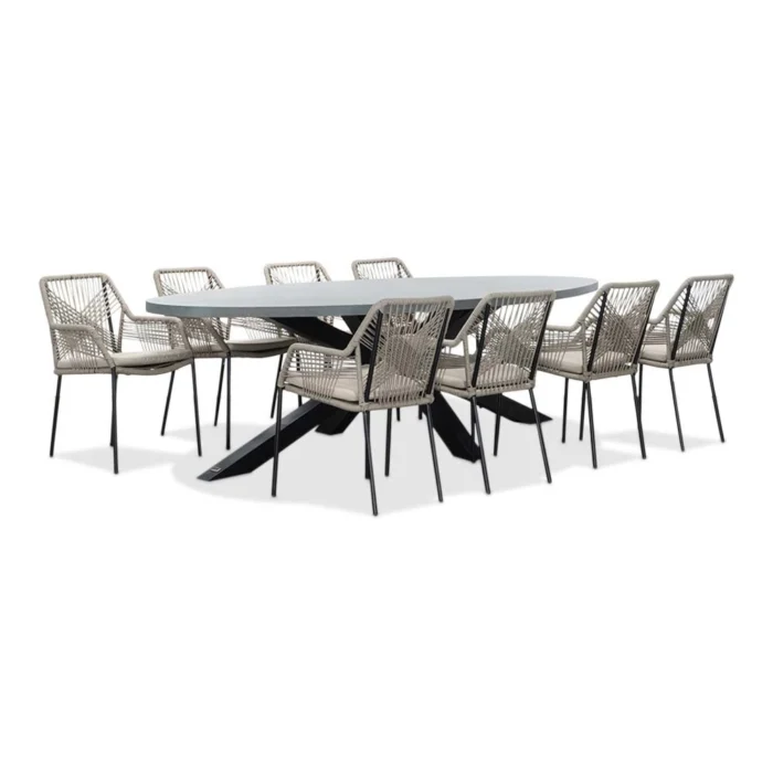 BUITEN living Stockholm/Seville zand dining tuinset | 8 personen | betonlook + touw | 280cm ovaal - Zwart