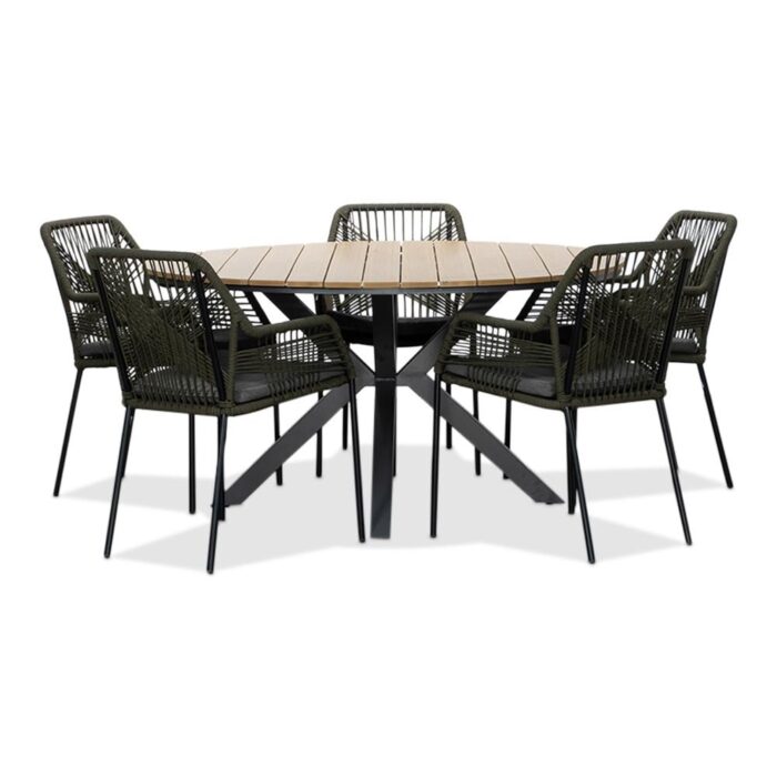 LUX outdoor living Cervo Natural/Seville olijfgroen dining tuinset | 5 personen | polywood + touw | 144cm rond – Taupe – Naturel – Bruin, Olijfgroen, Zwart