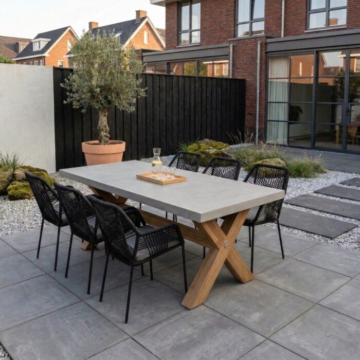 BUITEN living Norwich/Seville zwart dining tuinset | 6 personen | betonlook + touw | 250cm – Betonlook, Zwart