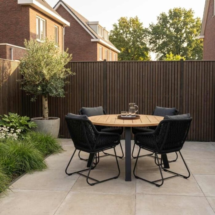 BUITEN living Cork/Portofino zwart dining tuinset | 4 personen | hardhout + touw | 130cm – Antraciet